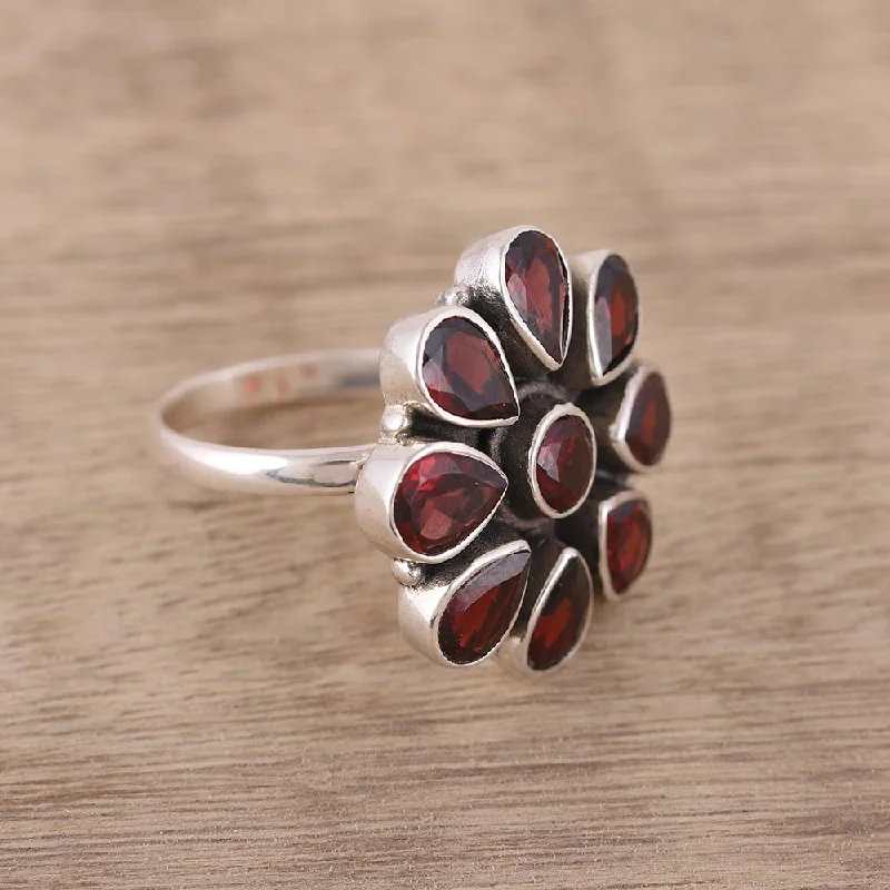 Floral Glamour Garnet Ring and Sterling Silver Ring Flower Jewelry