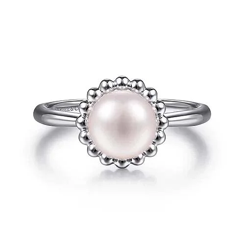 Gabriel & Co. Pearl Ring with Bujukan Beaded Halo in Sterling Silver