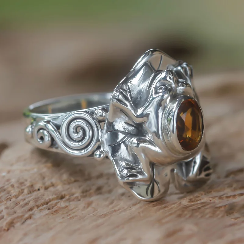 Golden Rainforest Frog Citrine and Silver Frog Cocktail Ring