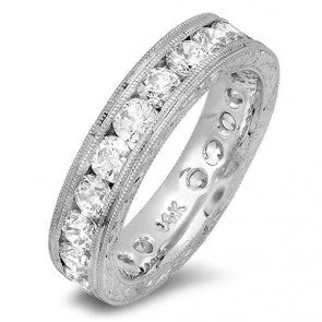 Round Cubic Zirconia Eternity Channel Hand Engraved Band