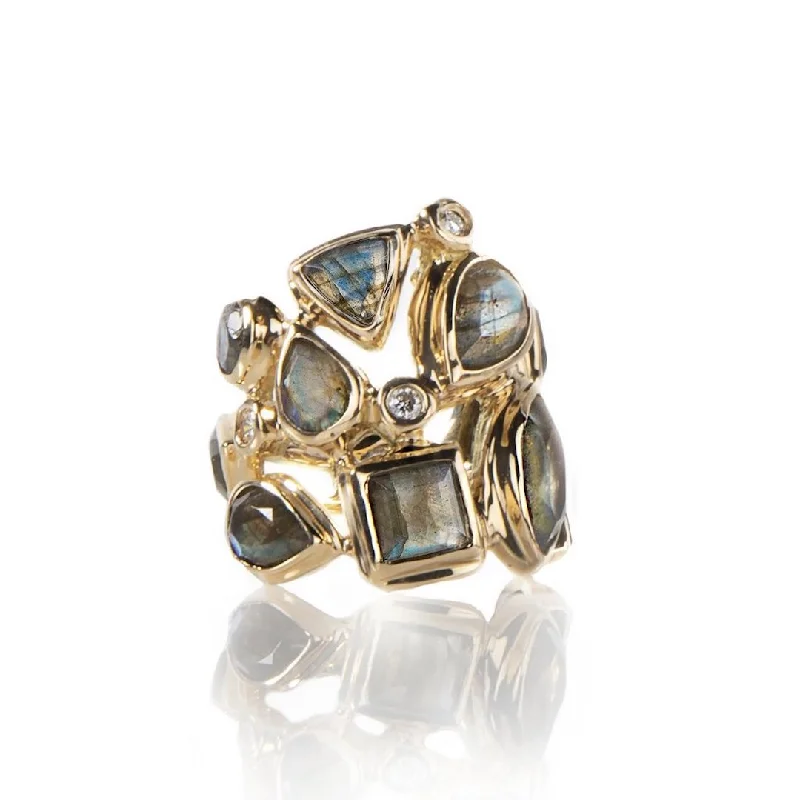 Labradorite & Diamond 18K Gold Mosaic Statement Ring