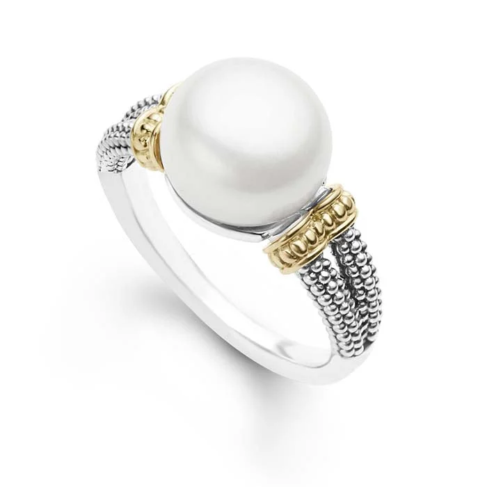 LAGOS Luna Button Pearl Small Ring in Sterling Silver and 18K Yellow Gold