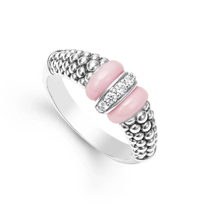 LAGOS Pink Ceramic and Caviar Diamond Ring in Sterling Silver