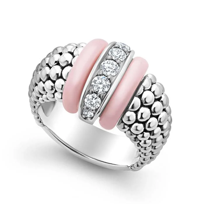 LAGOS Pink Ceramic and Caviar Diamond Ring in Sterling Silver