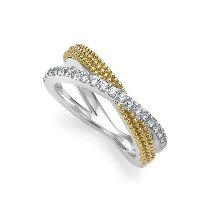 LAGOS Two Tone "X" Diamond Caviar Ring in Sterling Silver and 18K Yellow Gold