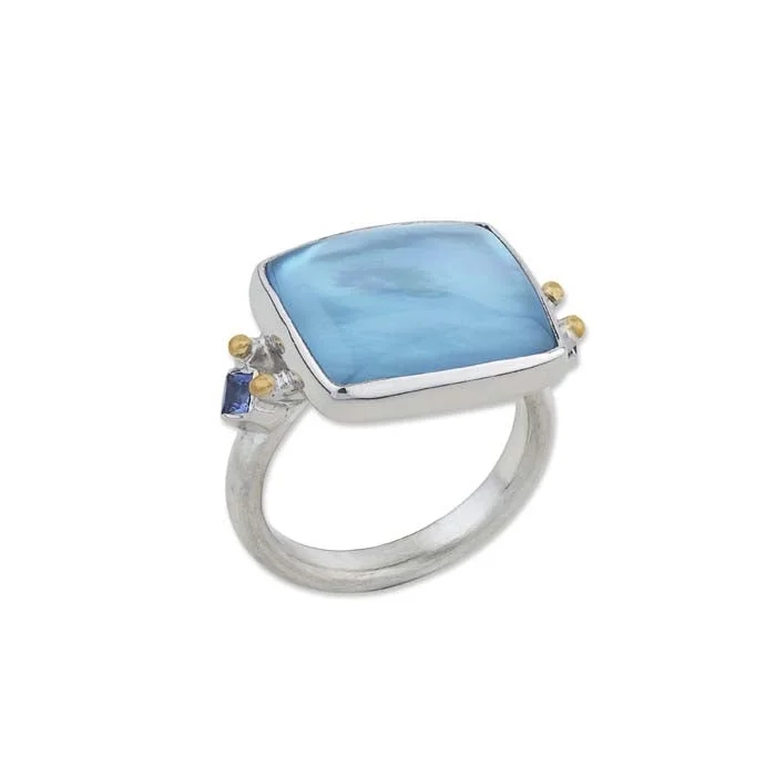 Lika Behar "Kami" Ring with Sky Blue Topaz and Mother of Pearl Doublet and Blue Sapphires in 24K Yellow Gold and Sterling Silver