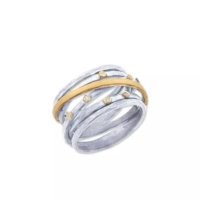 Lika Behar Stockholm Crosswire Ring with Diamonds in Sterling Silver and 24K Fusion Yellow Gold