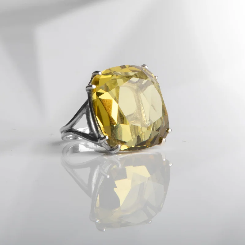 Lemon Citrine Sterling Cocktail Ring, 34 Carat Cushion Cut