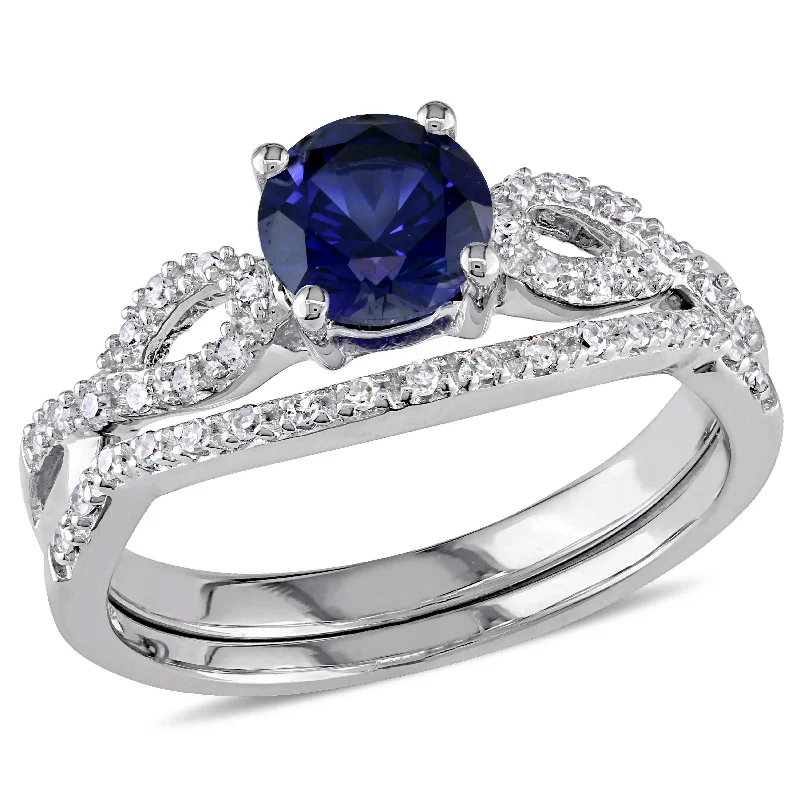 Miadora 10k White Gold Created Blue Sapphire and 1/6ct TDW Diamond Bridal Ring Set