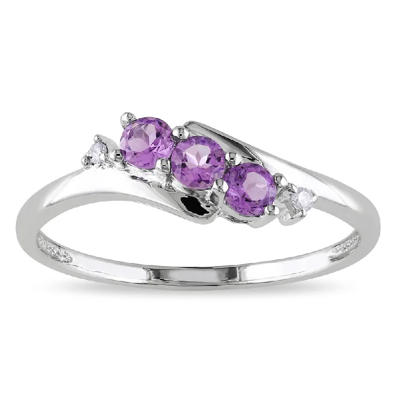 Miadora 10k White Gold Purple Amethyst and Diamond 3-Stone Crossover Ring