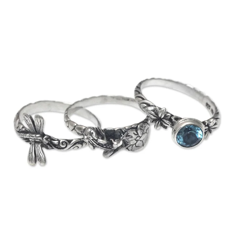 NOVICA Dragonfly and Frog Set of 3 Sterling Silver 'Garden of Eden' Topaz Rings (Indonesia) - Blue