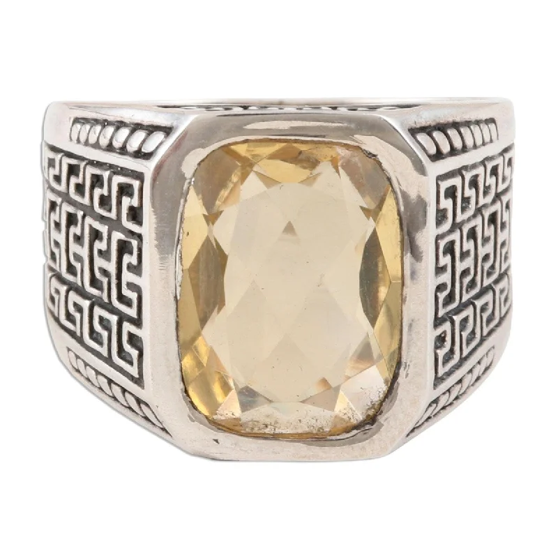 NOVICA Golden Greek Key, Men's citrine ring