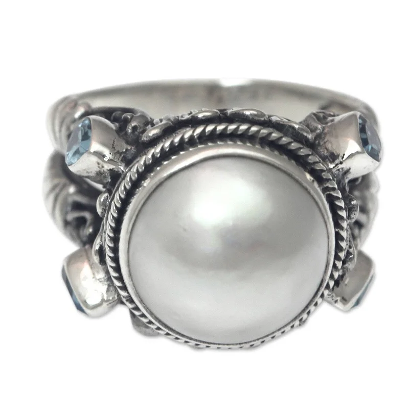 NOVICA Joyful Moon, Cultured pearl and blue topaz cocktail ring