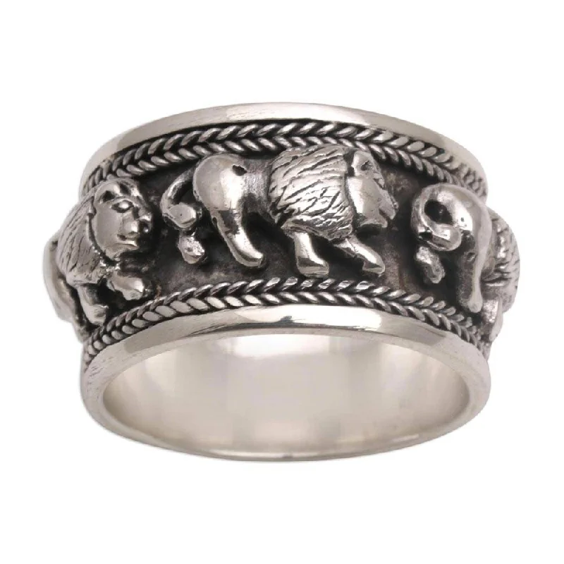 NOVICA Lion Parade, Sterling silver band ring