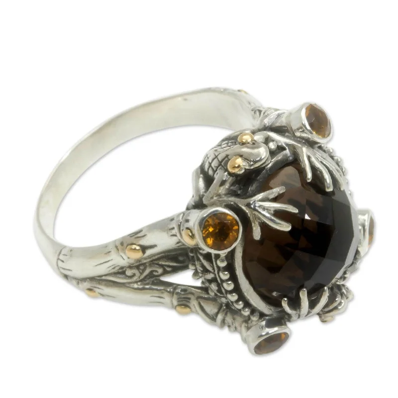 NOVICA Tropical Frogs, Gold accent smoky quartz cocktail ring