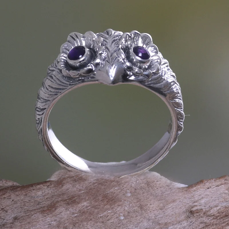 Owl Wisdom Amethyst & Silver Ring