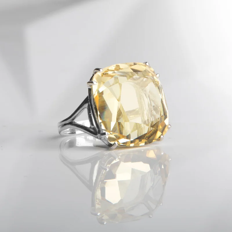 Light Citrine Sterling Cocktail Ring, 34 Carat Cushion Cut