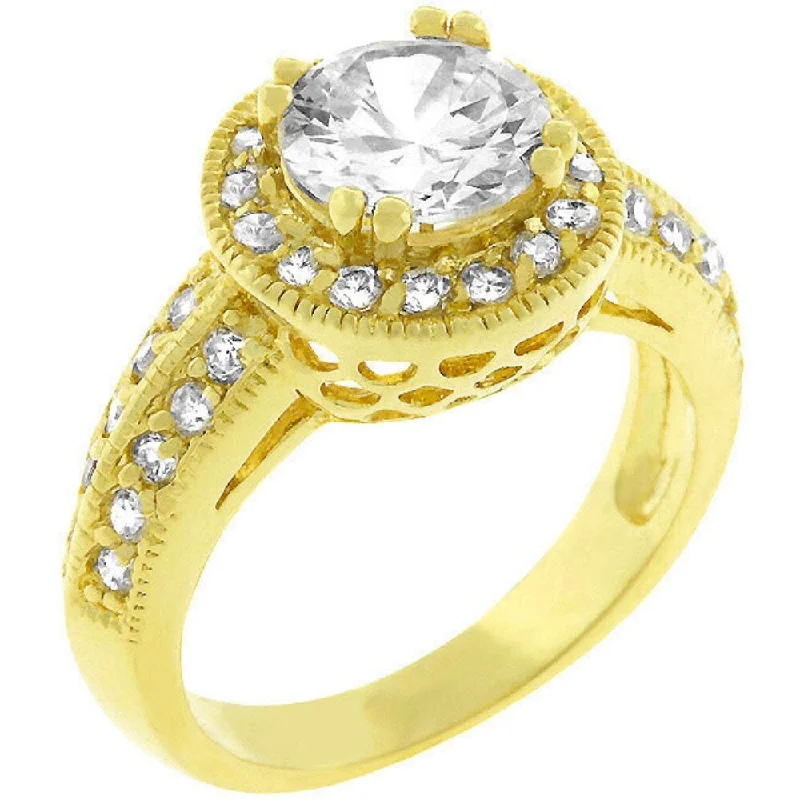 Pave Halo Vintage Crown Ring With Gold-Tone Finish