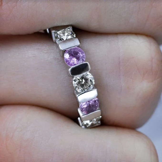 Radiant 3.20CT Round Cut Diamond and Pink Sapphire Eternity Ring in Platinum