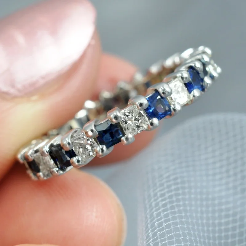 Reduced 3.40 CT Princess Cut Blue Sapphire and Diamond Eternity Ring in 14 KT White Gold