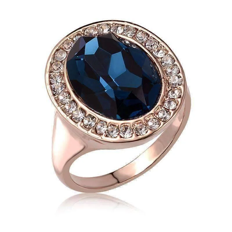 Rhapsody in Blue Classic Oval Sapphire Blue and Diamond Austrian Crystal Halo Cocktail Ring