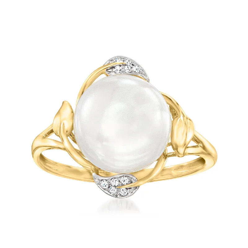 Ross-Simons 10-10.5mm Cultured Pearl Leaf Ring With Diamond Accents in 14kt Yellow Gold