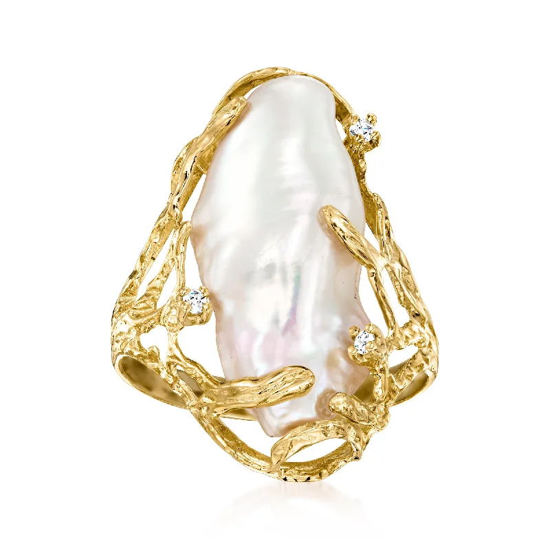 Ross-Simons 10x24mm Cultured Baroque Pearl Ring With Diamond Accents in 14kt Yellow Gold