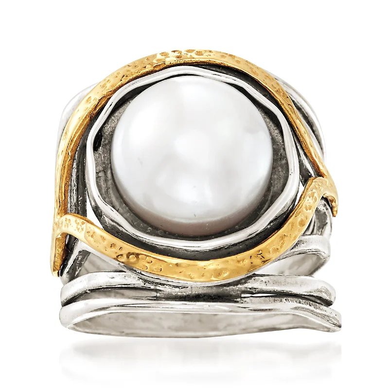 Ross-Simons 11.5-12mm Cultured Pearl Openwork Ring in Sterling Silver and 14kt Yellow Gold