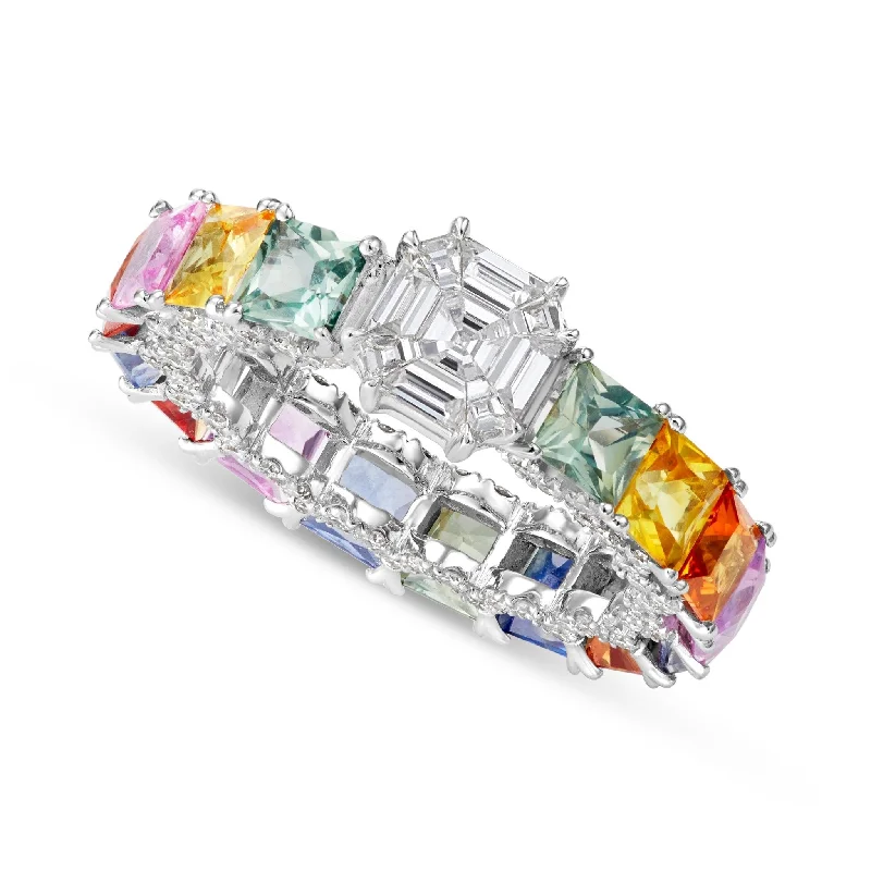 18K White Gold 1.25ct Princess Cut Rainbow Sapphire and Diamond Eternity Ring