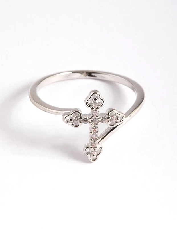 Silver Cubic Zirconia Cross Ring