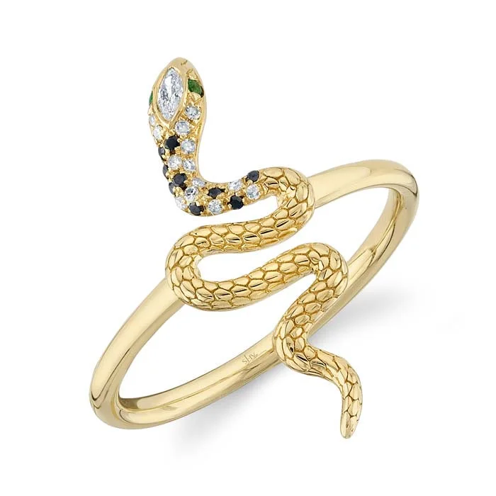 Shy Creation Snake Ring with Black and White Diamonds and Emerald Eyes in 14K Yellow Gold