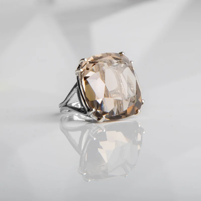 Pale Smokey Topaz Sterling Cocktail Ring, 34 Carat Cushion Cut