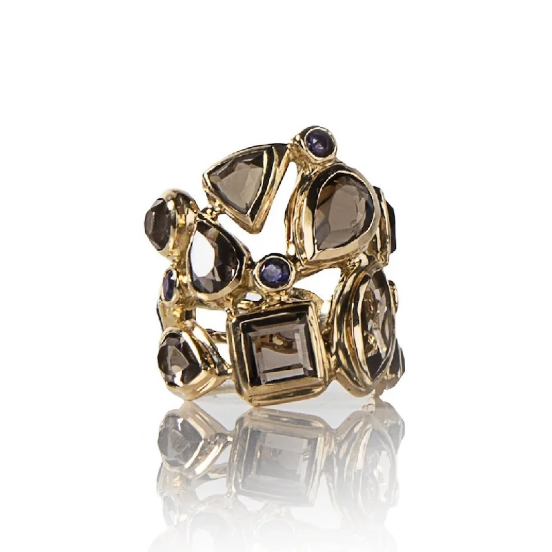 Smokey Topaz & Iolite 18K Gold Mosaic Statement Ring