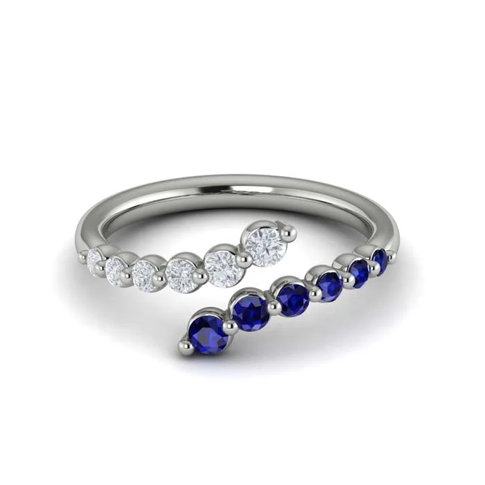 Vlora Blue Sapphire and Diamond Open Bypass "Adella Collection" Ring in 14K White Gold