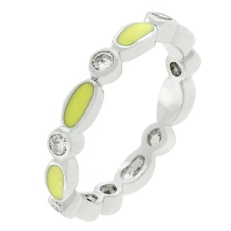 Yellow Link Enamel Stacker Ring With Rhodium Plated