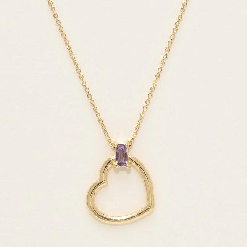 Baguette Amethyst Heart Necklace in 14kt Yellow Gold