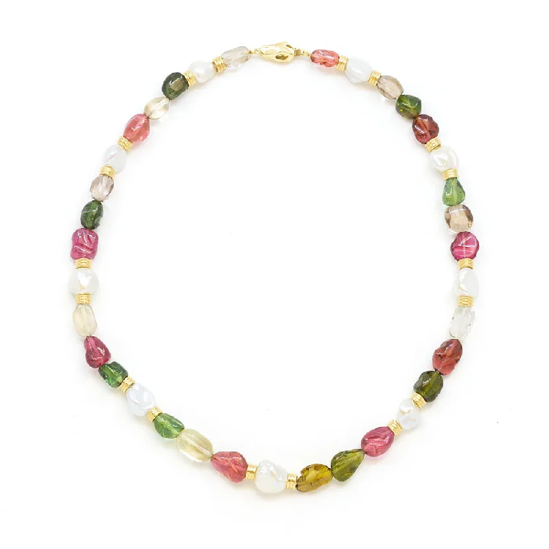 Baroque Freshwater Pearls & Tumbled Multicolored Tourmaline Necklace