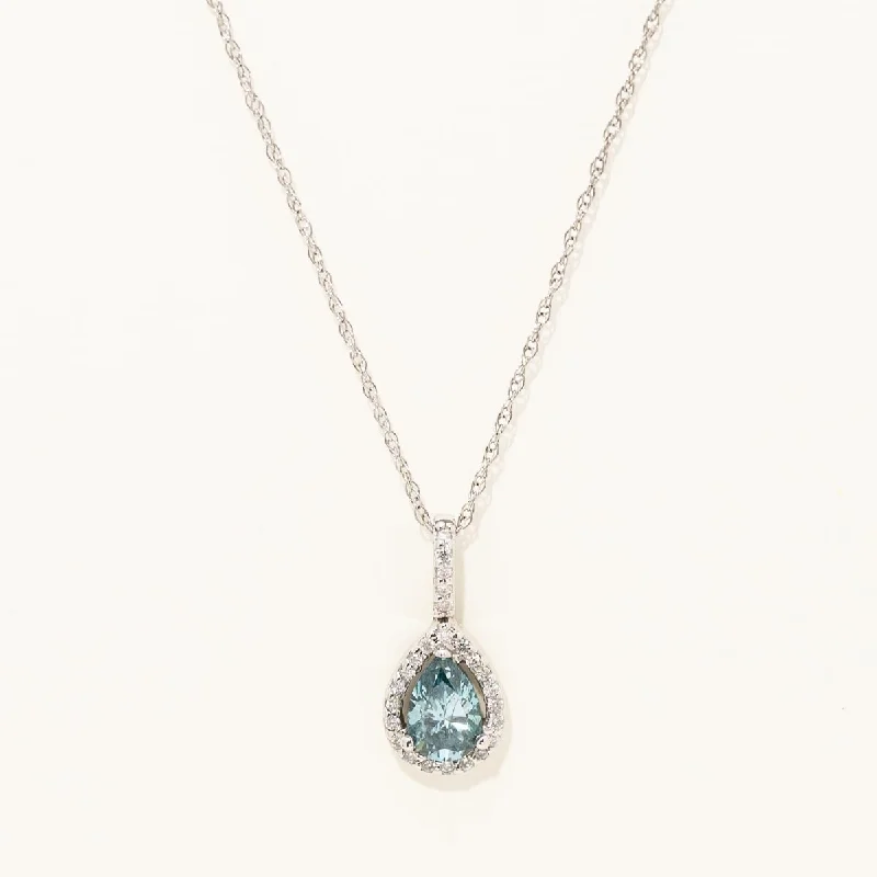 Blue Pear Shaped Diamond Halo Necklace in 14kt White Gold (3/4ct tw)