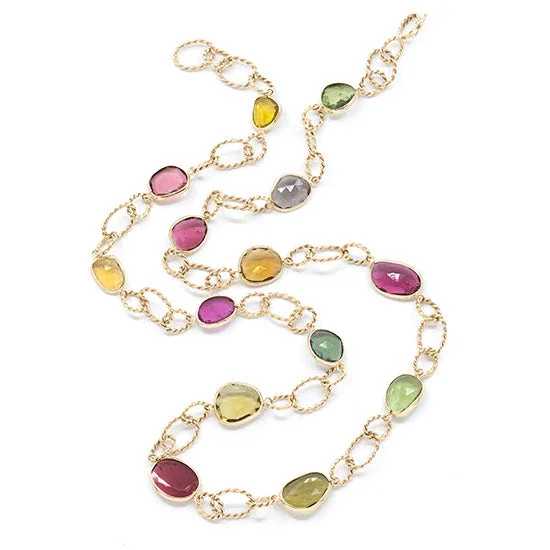 Coiled Oval Loop Link Necklace with Multi-colored Tourmalines