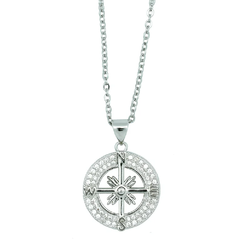 Compass Rose Cubic Zirconia Silvertone Necklace