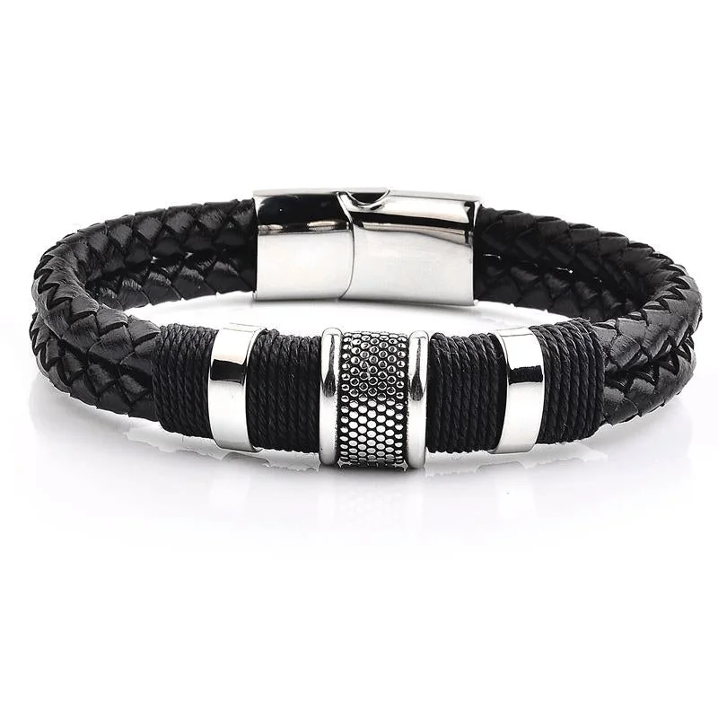 Crucible Los Angeles Black Leather with Black Nylon Cord and Stainless Steel Beads