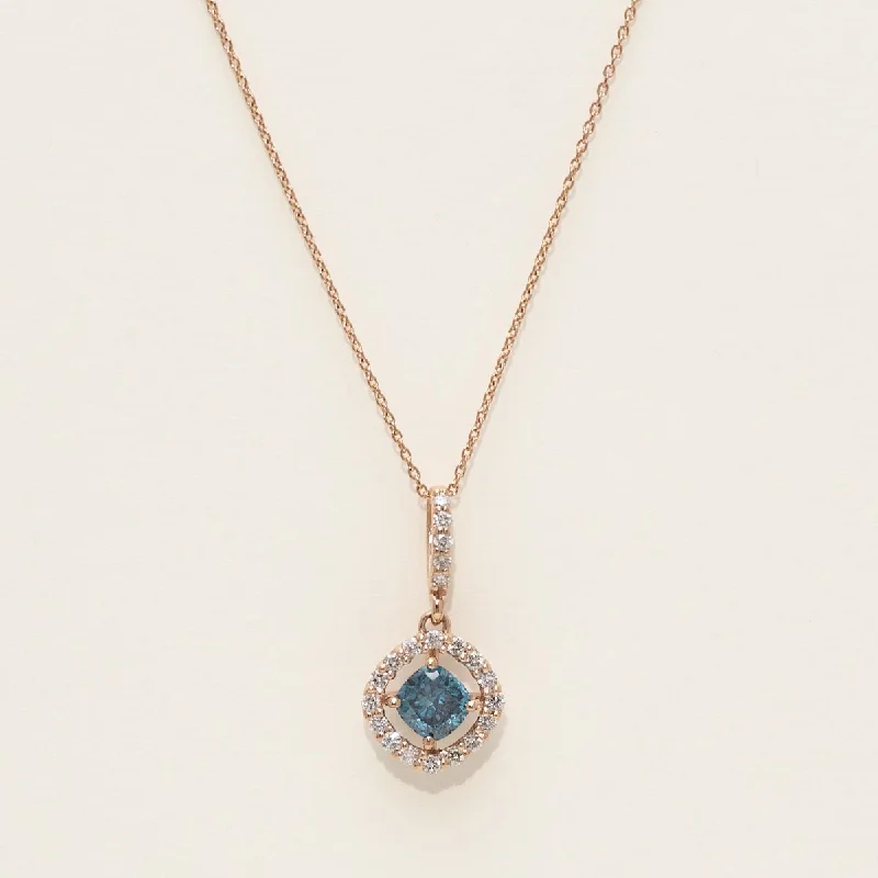 Cushion Blue Diamond Halo Necklace in 14kt Rose Gold (1ct tw)