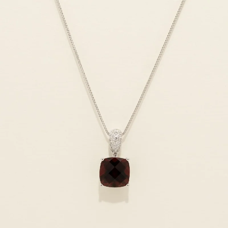 Cushion Cut Garnet Necklace in 14kt White Gold with Diamonds (1/10ct tw)