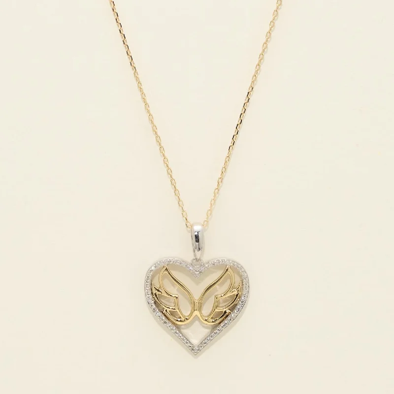 Diamond Angel Wing Heart Necklace in Sterling Silver and 10kt Yellow Gold (1/10ct tw)