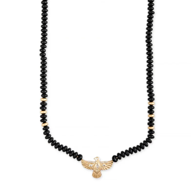 DIAMOND THUNDERBIRD + GOLD AND ONYX BEADED NECKLACE