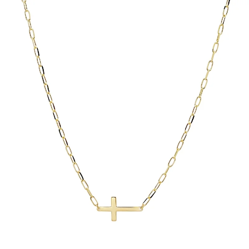 East West Cross Paperclip Necklace in 14kt Yellow Gold