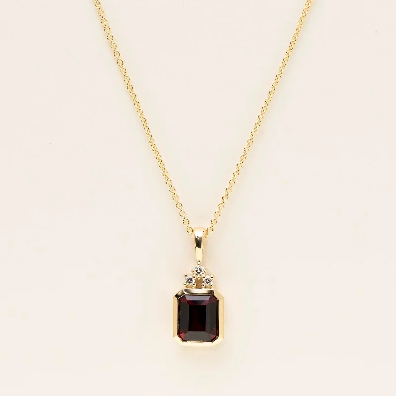 Emerald Cut Garnet Necklace in 14kt Yellow Gold with Diamonds (1/20ct tw)