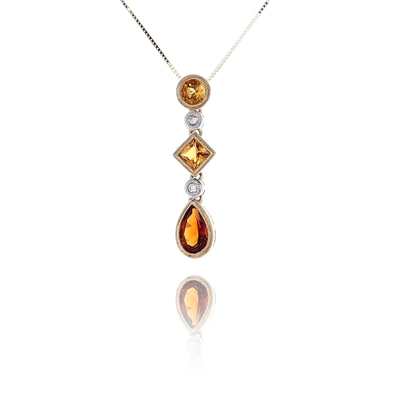 Estate 14 Karat Two-Tone Garnet, Citrine, and Diamond Pendant Necklace