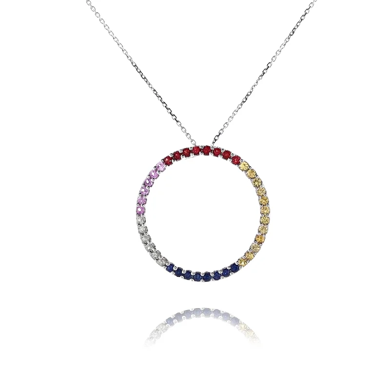 Estate 14 Karat White Gold Open Circle Sapphire Pendant Necklace