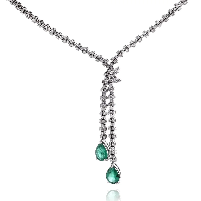 Estate 14 Karat White Gold "Y" Shaped Emerald and Diamond Necklace